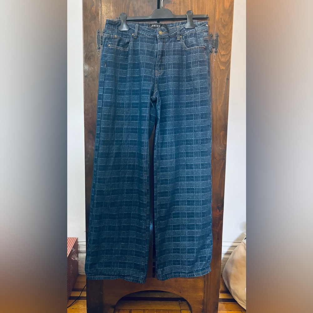 Lioness Womens Jeans Indigo Top Model Plaid Straight Leg Denim Pants Size M